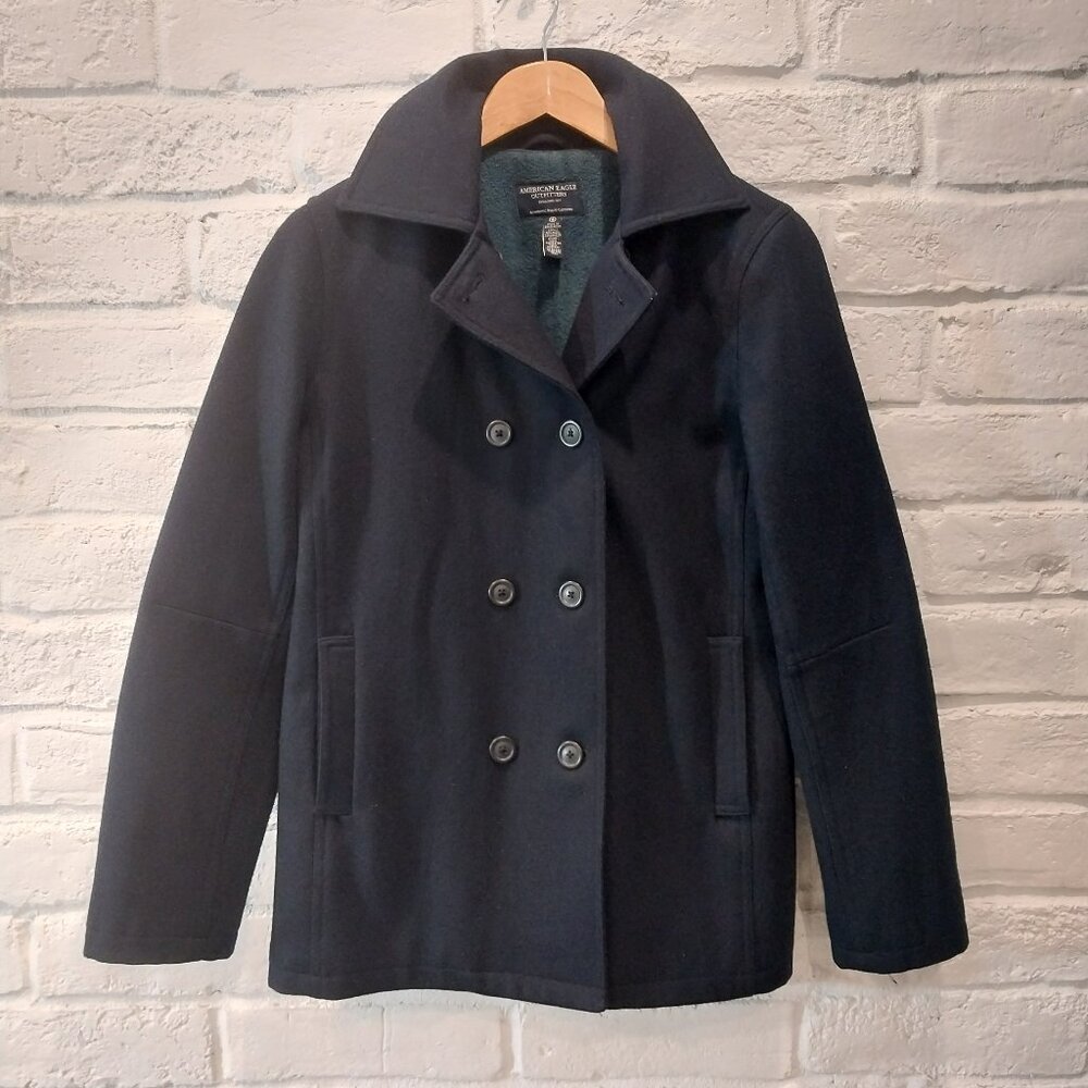 American Eagle Pea Coat Womens Small / Medium Navy Blue Double Breast Wool Blend